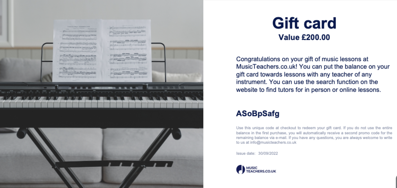 Gift card for music lessons at Christmas